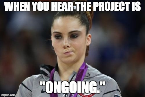 project management meme: a gymnast being upset that the project is ongoing