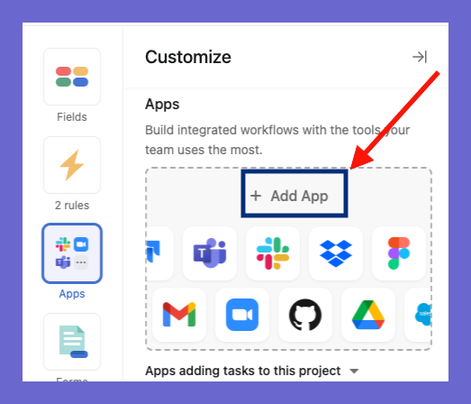 Asana software interface where you can add apps