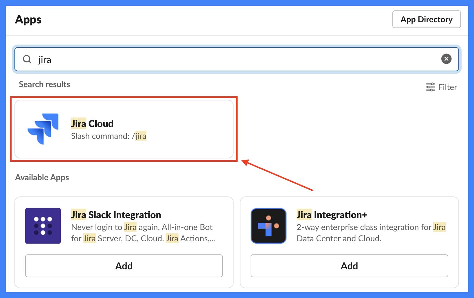 Screen showing where to pick Jira Cloud in Slack