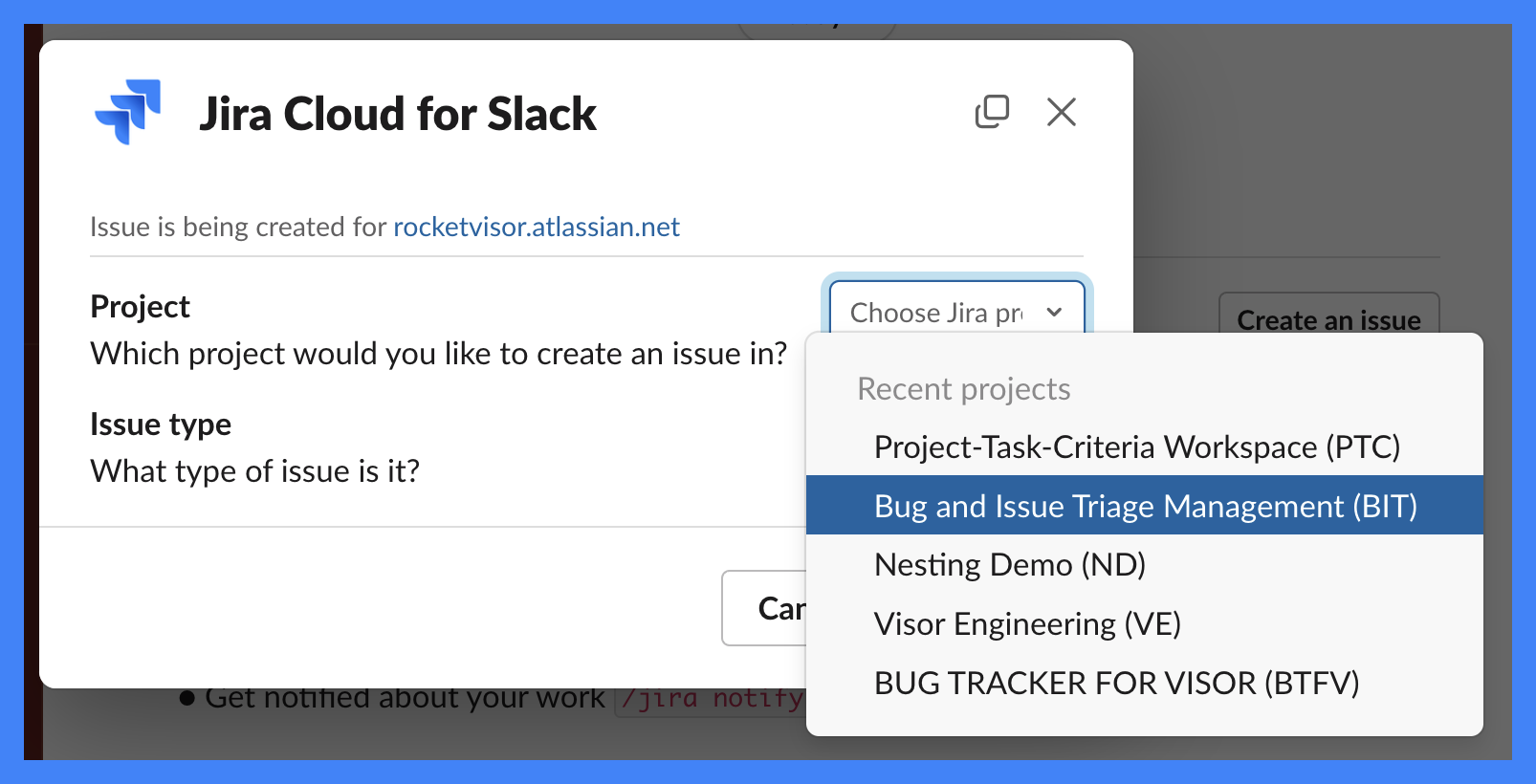 Step 2 for creating a Jira ticket from Slack