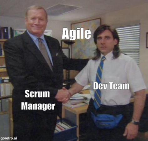 project management meme: the dev team looking awkward with the scrum manager