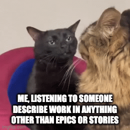 project management gif: a cat wanting to talk only in epics or stories
