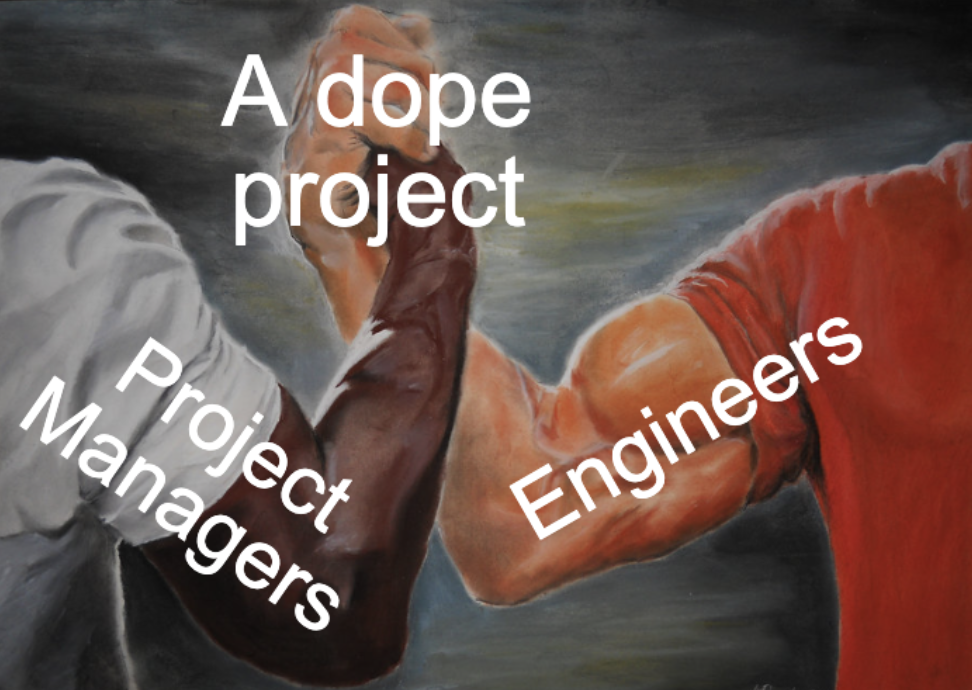 project management meme: product manager and engineers getting along